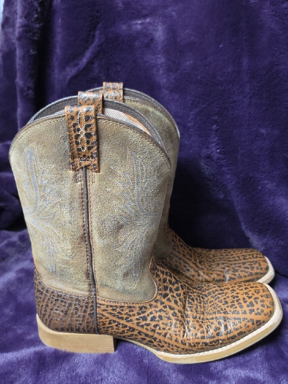 Ariat Brown Leopard-Print Leather & Tan Suede Western Booties Sz 5 - Picture 4 of 6